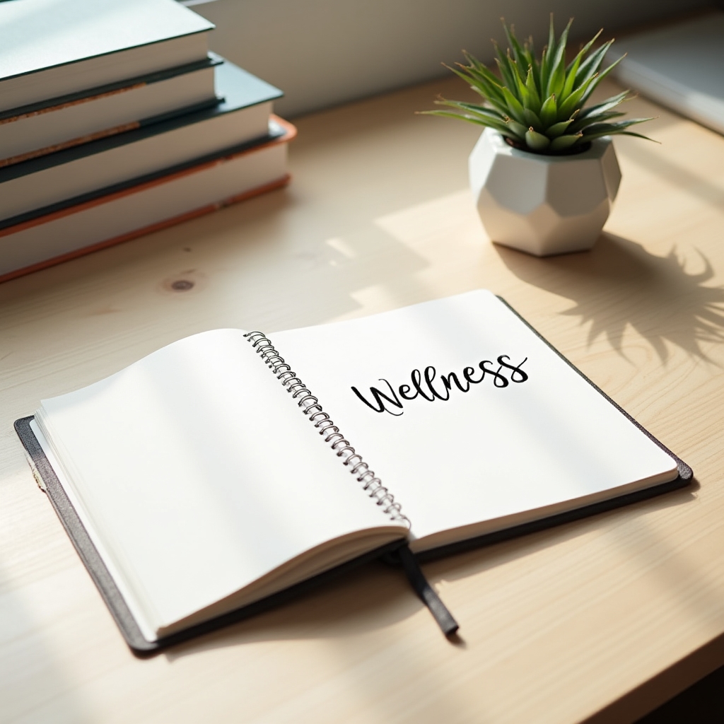 Calm wellness education environment with natural light and structured learning materials on a clean desk